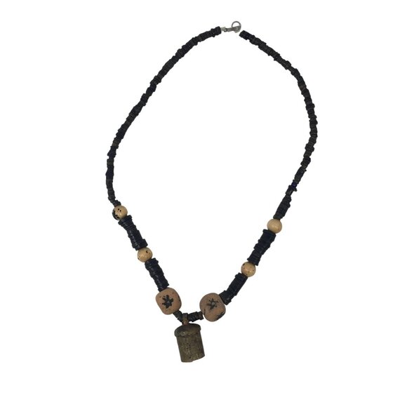 Vintage Dark Light Brown Wood Beaded Necklace Mini Metal Cowbell Bohemian - Picture 2 of 5